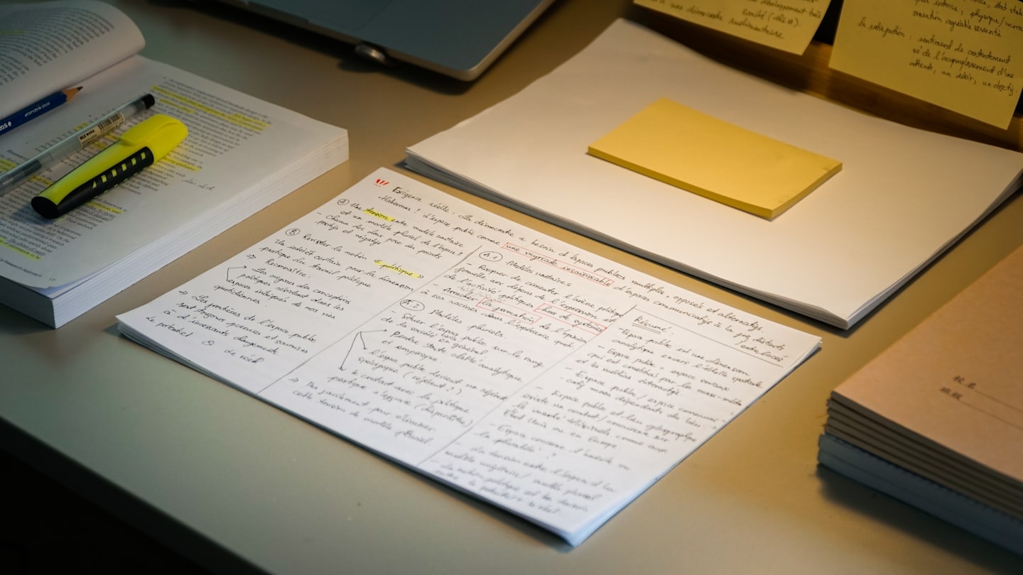 Textbooks and handwritten notes spread across a cluttered study desk.